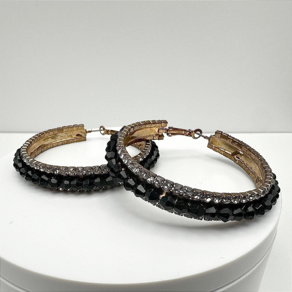 Vintage 90s Black Bead Clear Rhinestone Large Hoop Earrings Fashion Jewelry Y2K